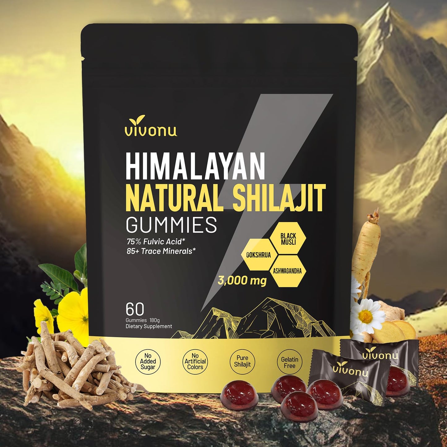 VivoNu Pure Himalayan Shilajit Gummies - 85+ Minerals, Non-GMO