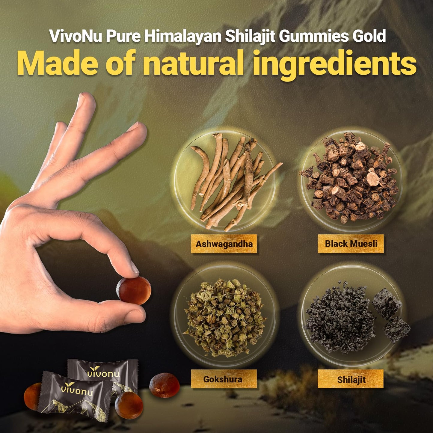 VivoNu Pure Himalayan Shilajit Gummies - 85+ Minerals, Non-GMO