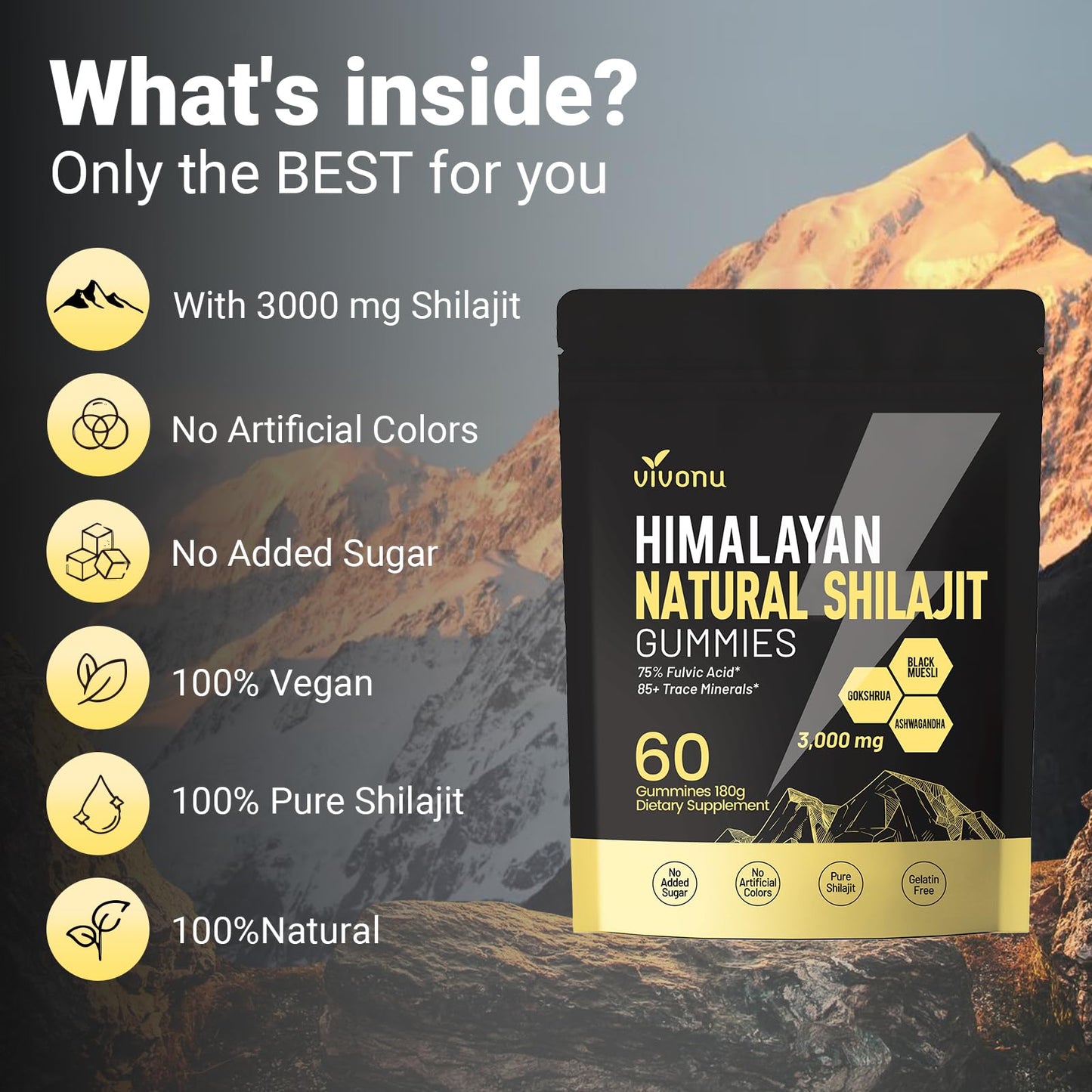 VivoNu Pure Himalayan Shilajit Gummies - 85+ Minerals, Non-GMO