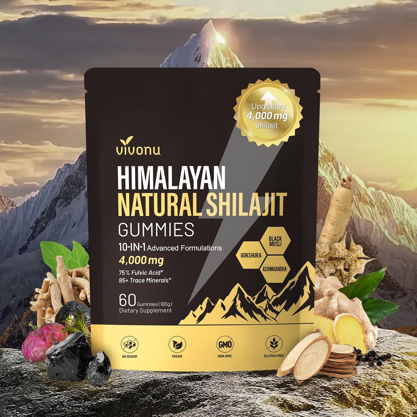 VivoNu Shilajit Gummies – 4000mg 10-in-1, Ashwagandha, Sugar-Free Vegan