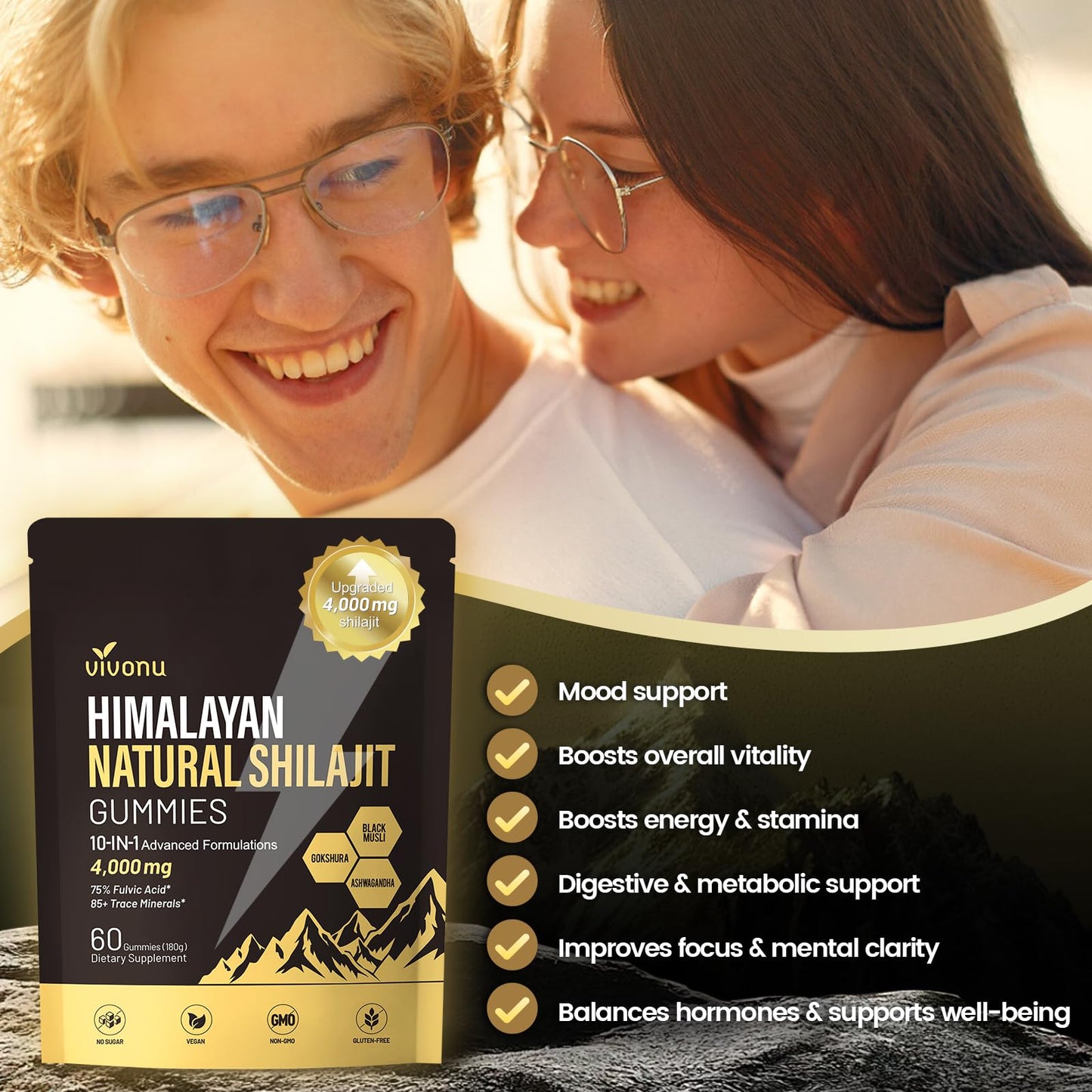 VivoNu Shilajit Gummies – 4000mg 10-in-1, Ashwagandha, Sugar-Free Vegan