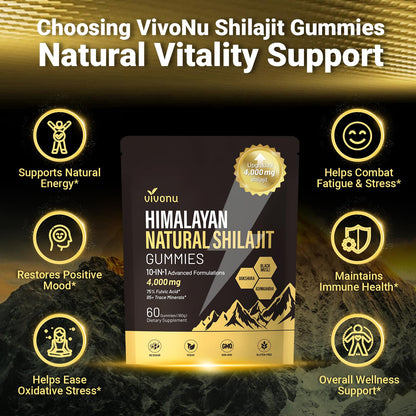 VivoNu Shilajit Gummies – 4000mg 10-in-1, Ashwagandha, Sugar-Free Vegan