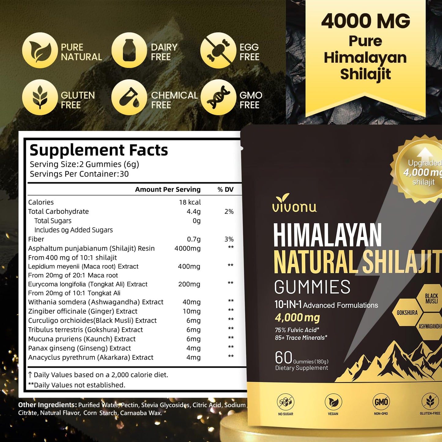VivoNu Shilajit Gummies – 4000mg 10-in-1, Ashwagandha, Sugar-Free Vegan