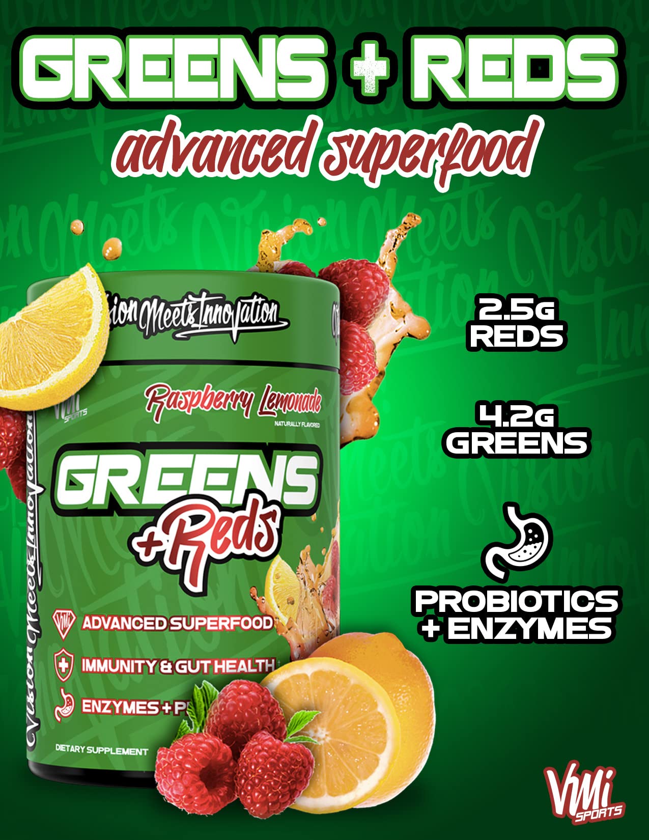 VMI Greens + Reds: Immunity & Gut Health Superfood | 30 Servings Strawberry Kiwi