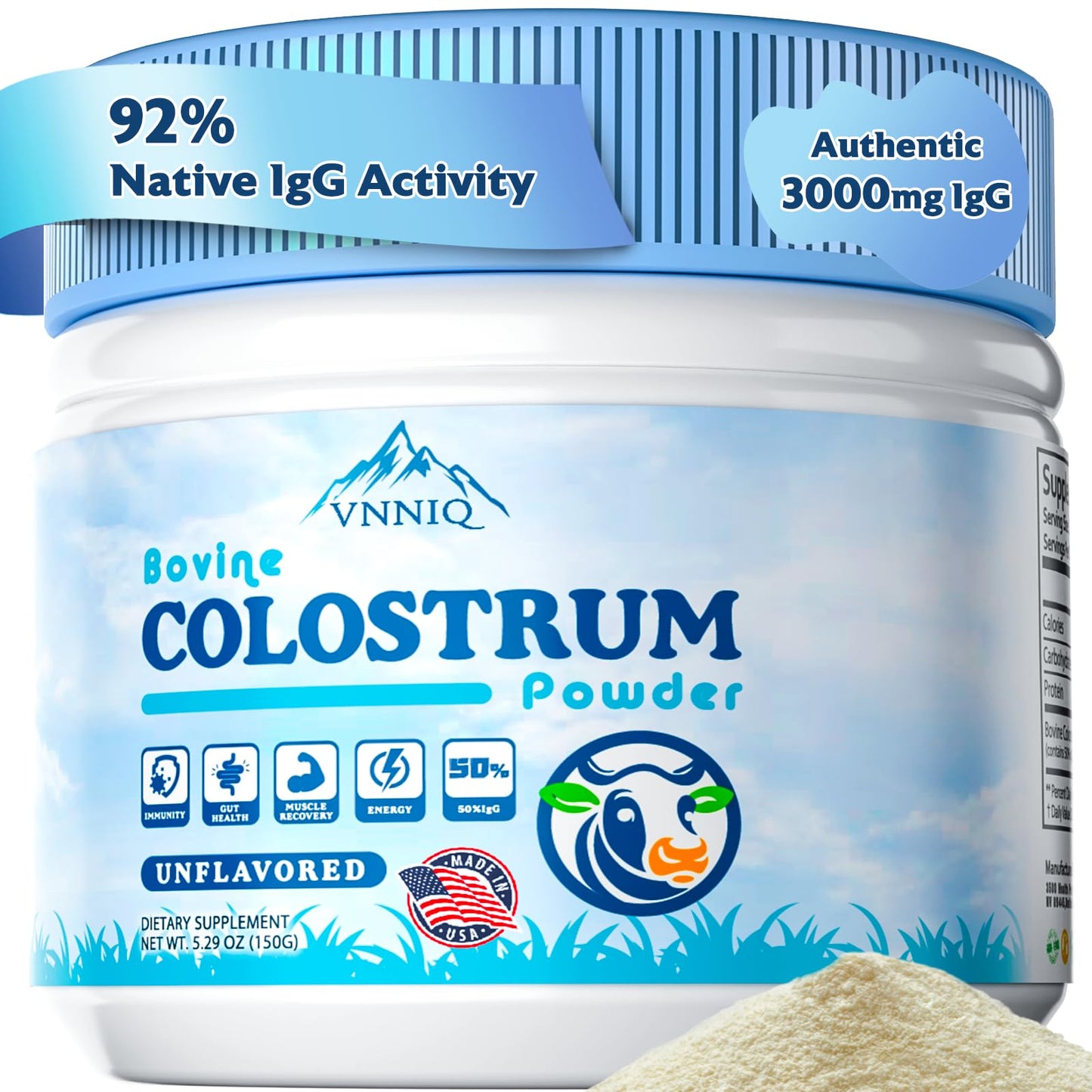 VNNIQ Bovine Colostrum Powder – 3X Absorption, 3,000 mg IgG, Organic Grass-Fed, Ultra-Low Temp Freeze-Dried, 50 Servings