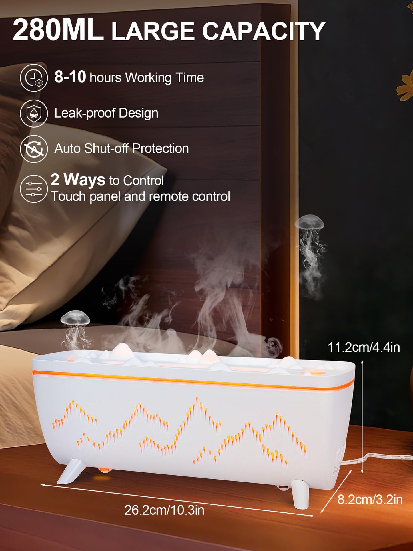 280ML Volcano Jellyfish Diffuser with Timer – Low Noise 3-Hole Flame Mist, Leak-Proof