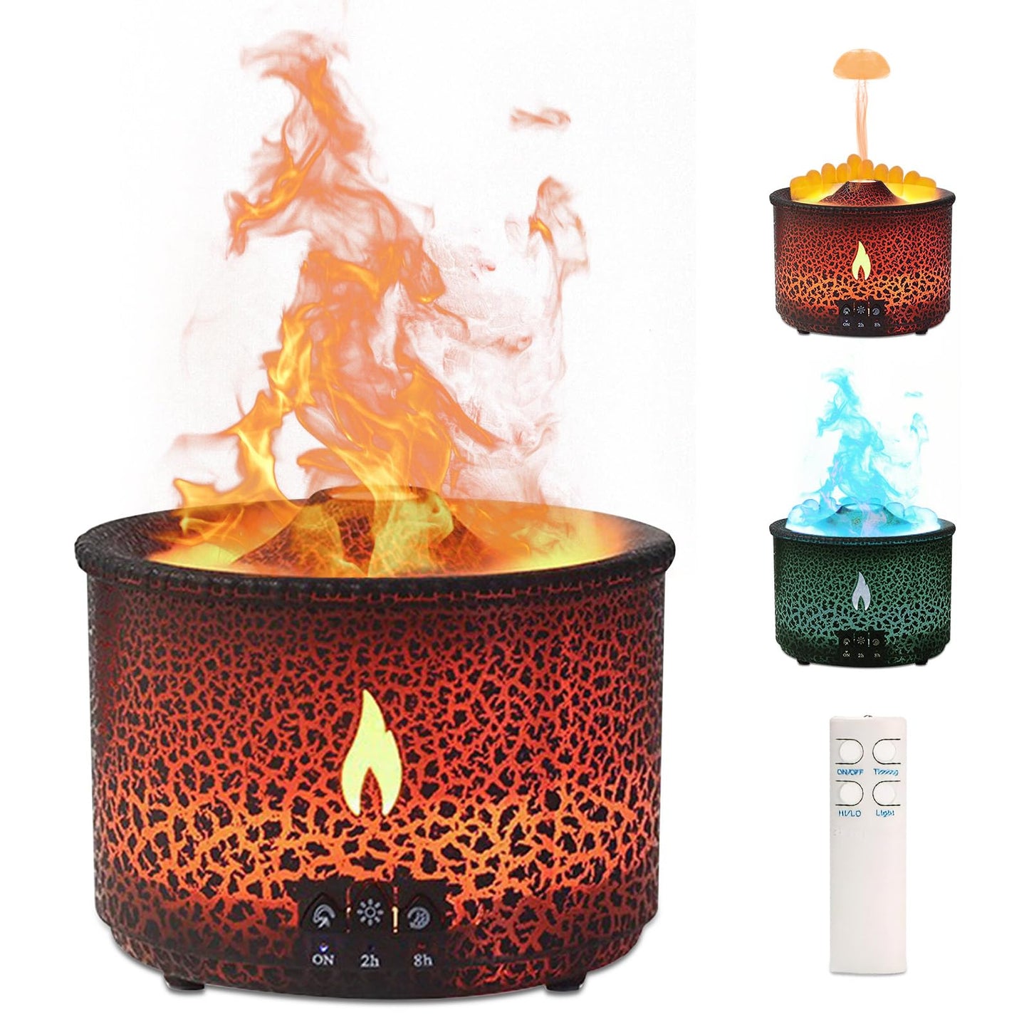 Volcano Humidifier Quiet Flame Diffuser – 300ml, 2 Modes, Remote, Auto Shut-Off (Red & Blue)