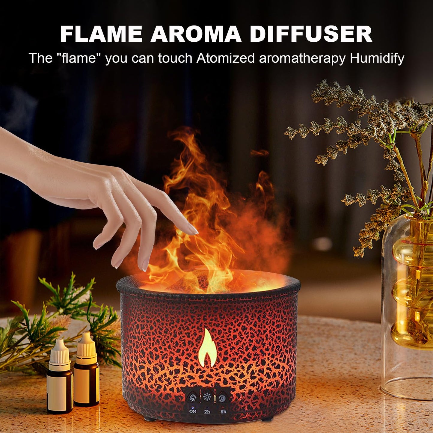 Volcano Humidifier Quiet Flame Diffuser – 300ml, 2 Modes, Remote, Auto Shut-Off (Red & Blue)