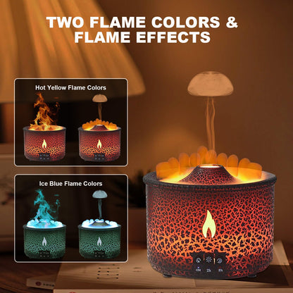Volcano Humidifier Quiet Flame Diffuser – 300ml, 2 Modes, Remote, Auto Shut-Off (Red & Blue)