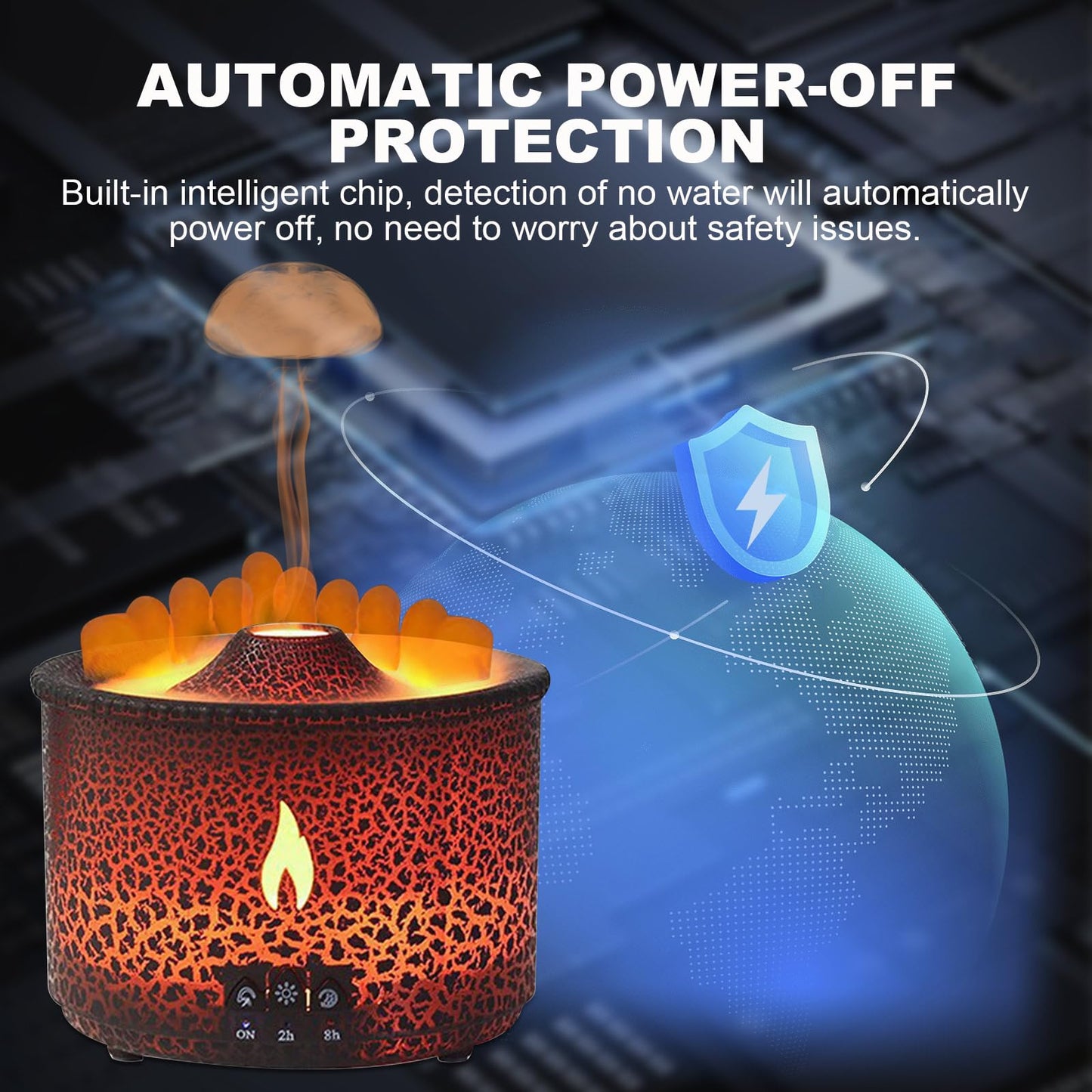 Volcano Humidifier Quiet Flame Diffuser – 300ml, 2 Modes, Remote, Auto Shut-Off (Red & Blue)