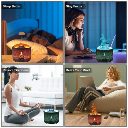 Volcano Humidifier Quiet Flame Diffuser – 300ml, 2 Modes, Remote, Auto Shut-Off (Red & Blue)