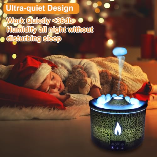 Volcano Humidifier Quiet Flame Diffuser – 300ml, 2 Modes, Remote, Auto Shut-Off (Red & Blue)