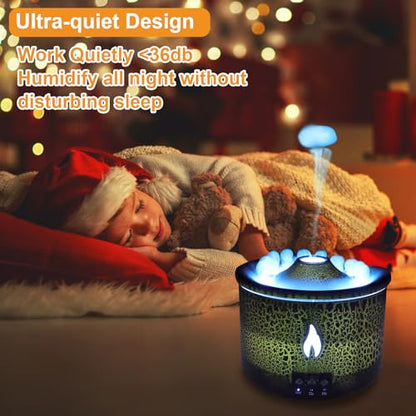 Volcano Humidifier Quiet Flame Diffuser – 300ml, 2 Modes, Remote, Auto Shut-Off (Red & Blue)