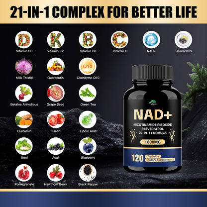VPKIN NAD Supplement 1500mg NAD+ with Resveratrol, Nicotinamide, Quercetin & CoQ10 – 120 Vegan Capsules (Non-GMO)
