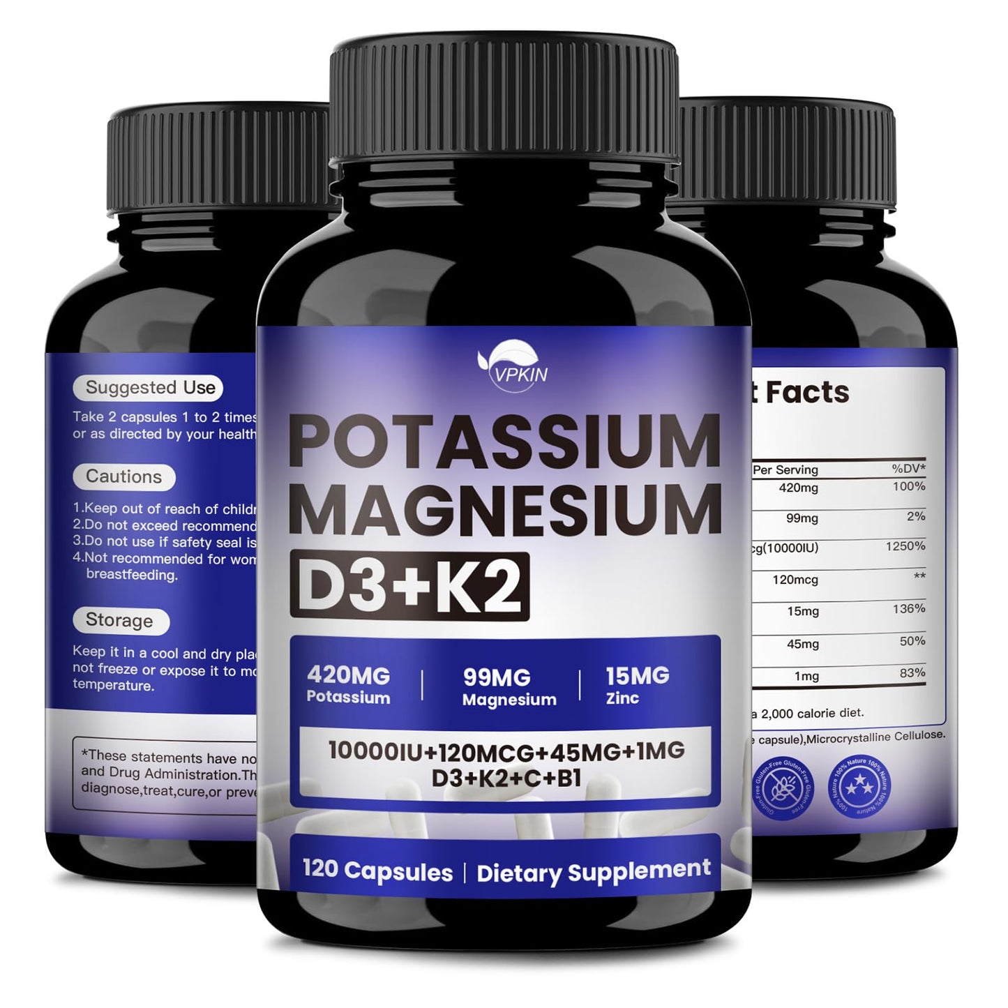 VPKIN Potassium Magnesium Zinc & D3 K2 Supplement – 120 Vegan Capsules, Immune & Energy Support