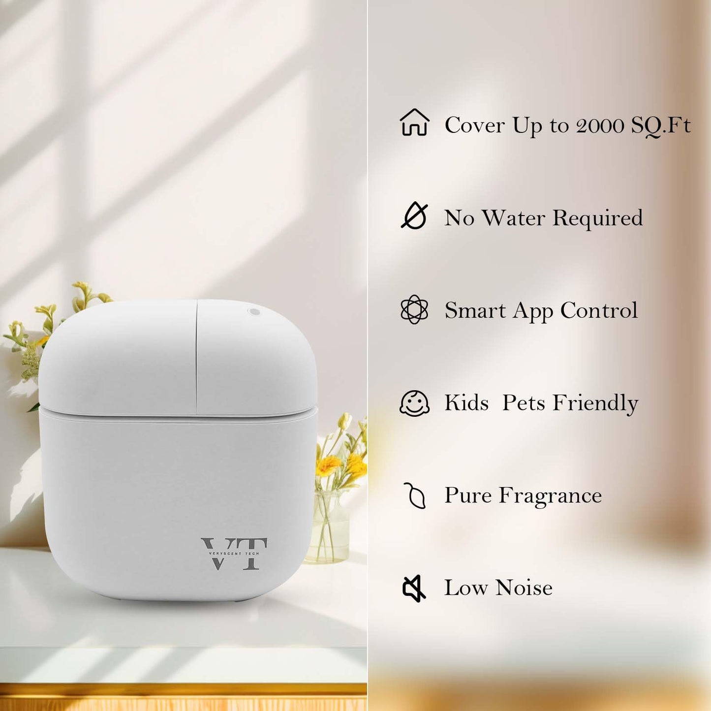 VT VERYSCENT TECH Waterless Diffuser – 3000 Sq Ft Coverage, Bluetooth App, 2 oz Oil, White