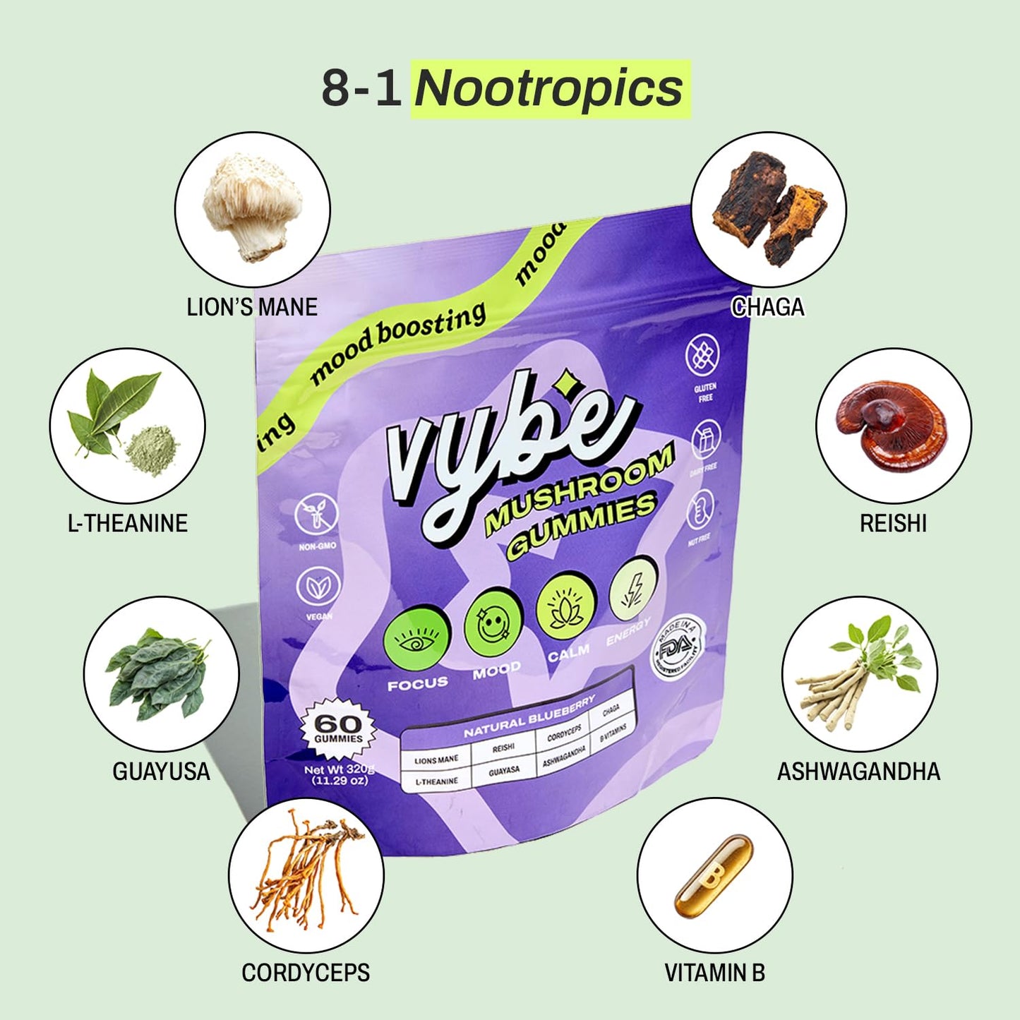 Vybe Daily Nootropic Gummies – 8-in-1 Brain Support (Blueberry)