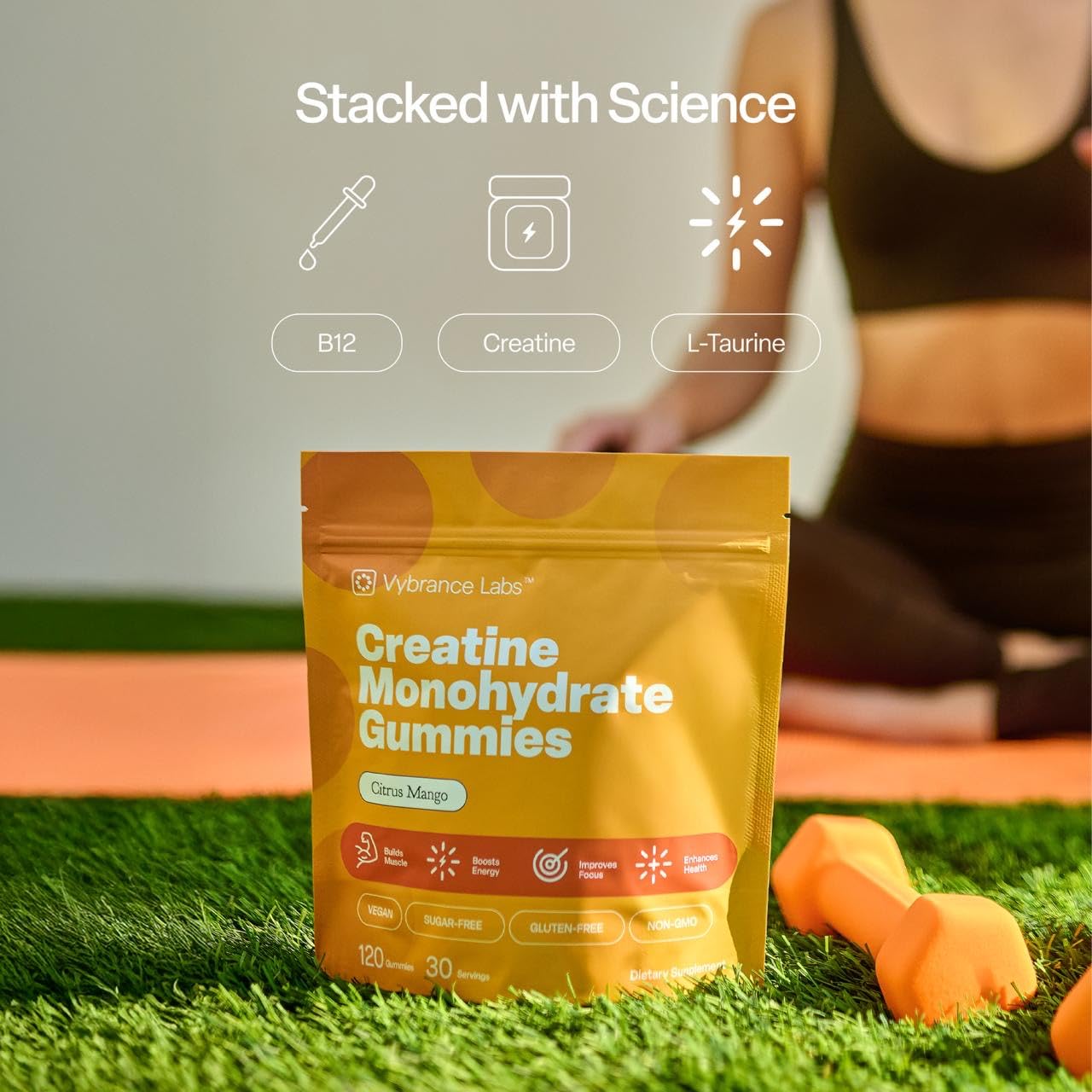 VYBRANCE LABS Creapure Creatine Gummies 5g + Taurine & B12 – Sugar-Free, Vegan, Gluten-Free – Citrus Mango (120 Count)