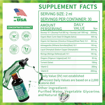 Soursop Bitters Liquid Drops 10-in-1 – Sea Moss, Moringa, Turmeric, Ashwagandha | 2 Fl Oz | Vegan, Non-GMO