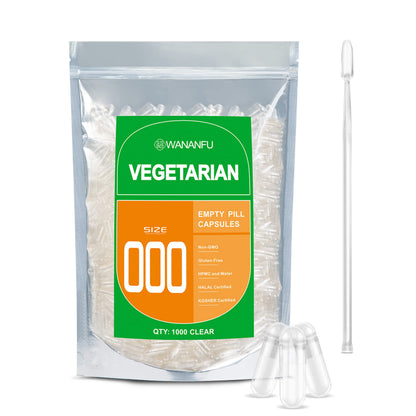 Wananfu Size 000 Vegetarian Empty Capsules (1000 Count) Bundle with Micro Spoon