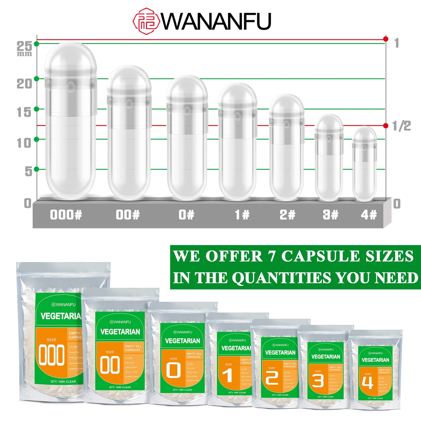 WANANFU Size 000 Empty Capsules - Vegetarian (500 Count) Bundle with Micro Lab Spoon