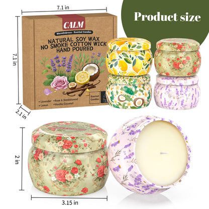 WarmEmbrace 4pc Scented Soy Candles Set – 4.4 oz Each | Lavender, Rose & Sandalwood, Vanilla Coconut, Lemon | Gift for Women