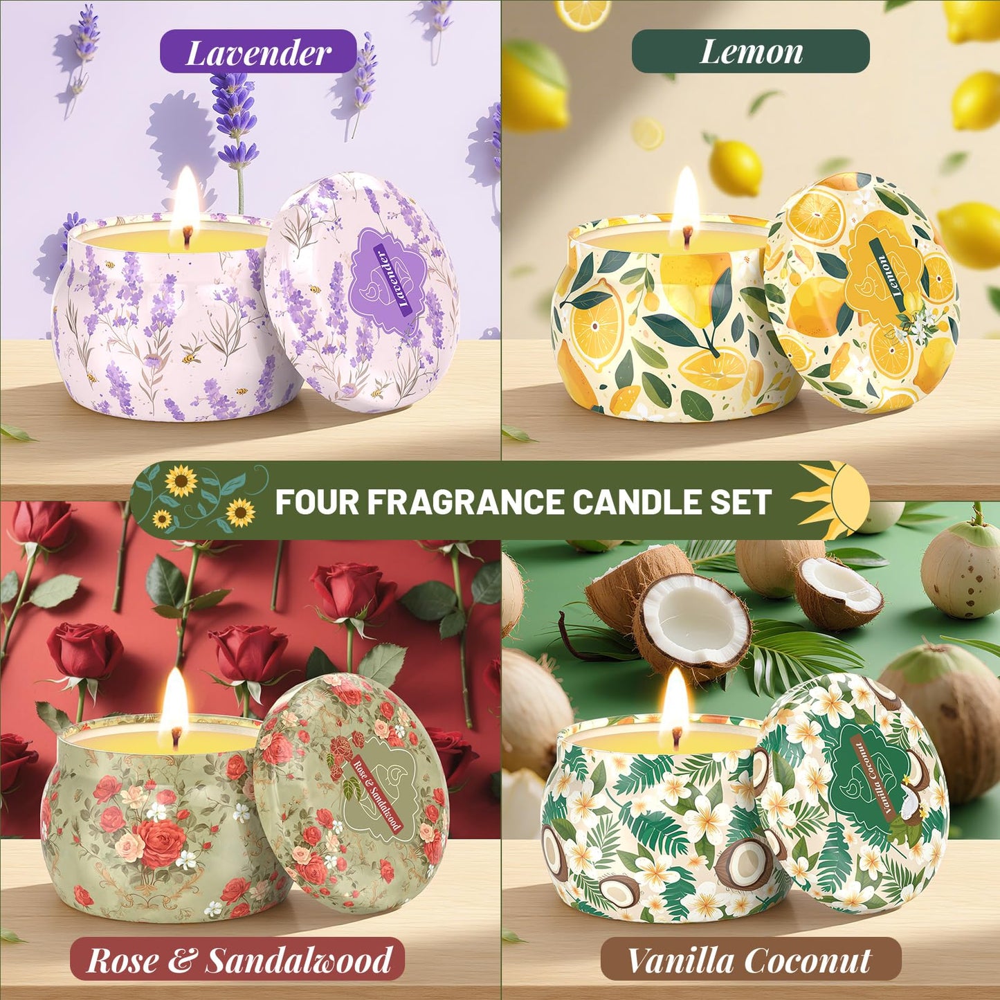 WarmEmbrace 4pc Scented Soy Candles Set – 4.4 oz Each | Lavender, Rose & Sandalwood, Vanilla Coconut, Lemon | Gift for Women