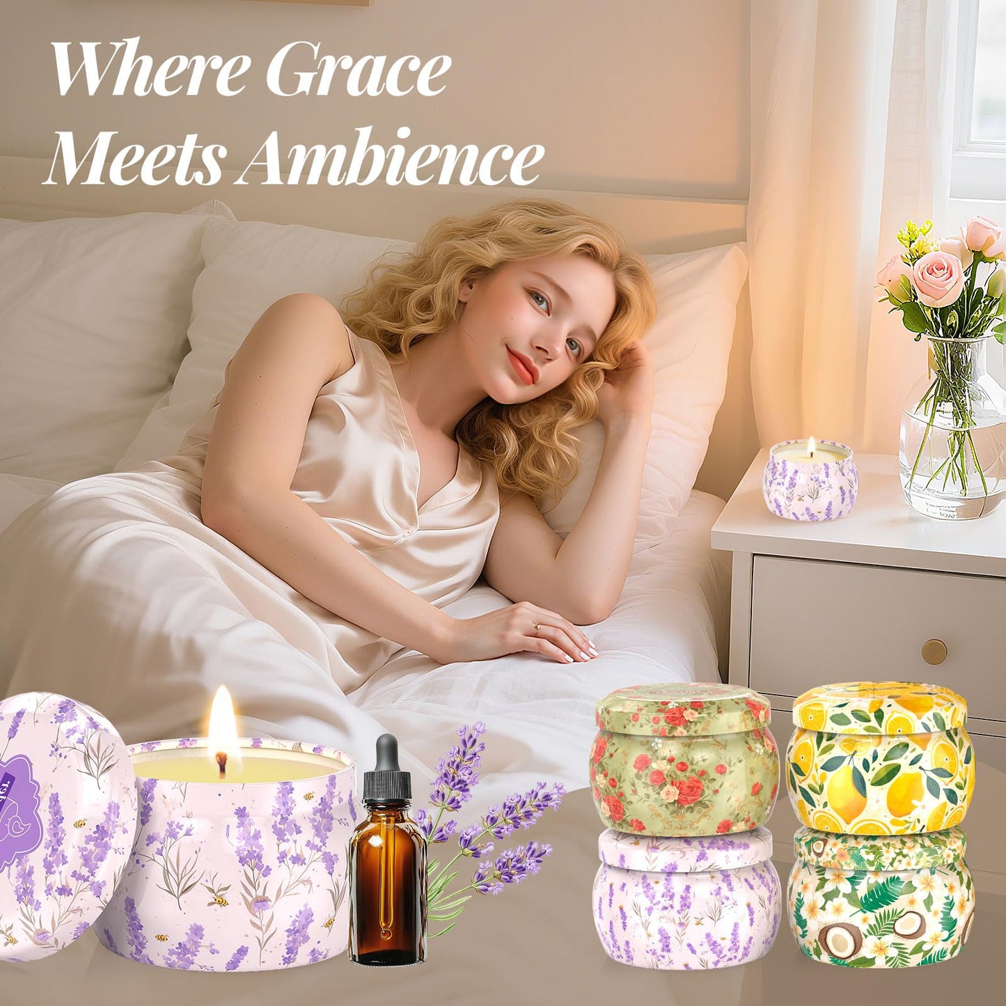 WarmEmbrace 4pc Scented Soy Candles Set – 4.4 oz Each | Lavender, Rose & Sandalwood, Vanilla Coconut, Lemon | Gift for Women