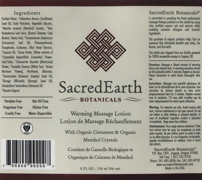 Warming Lotion (8oz Tube) – Organic Cinnamon & Menthol, Water Dispersible, Nut Oil Free | Sacred Earth Botanicals