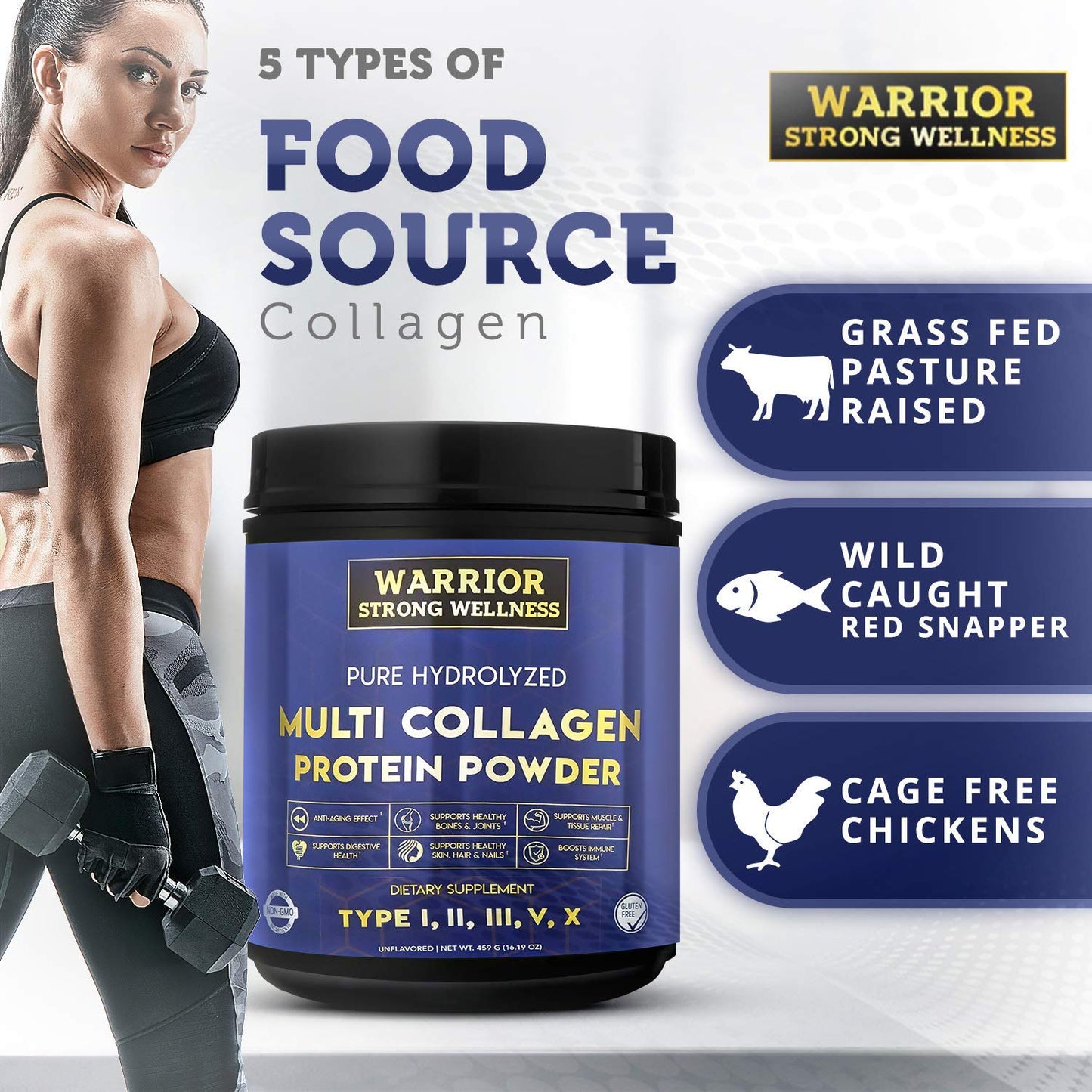 Warrior Strong Wellness Multi Collagen Powder - Unflavored Hydrolyzed Collagen