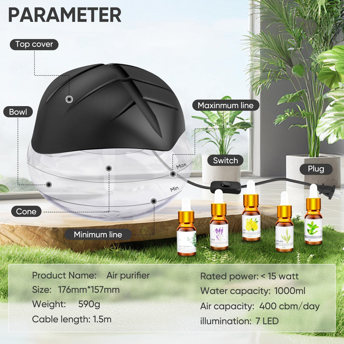 Water Based Aroma Diffuser for Home/Office with LED Night Light - Black