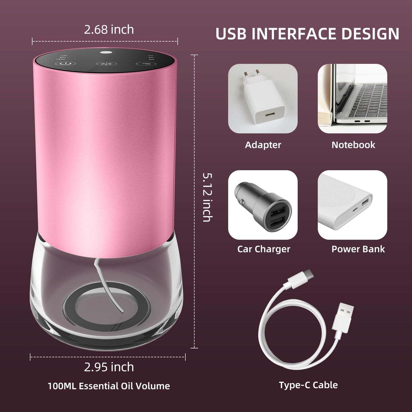 Waterless 100ml Car Diffuser – Battery Powered, Cordless Aromatherapy, 7-Color LED (Pink) with Timer