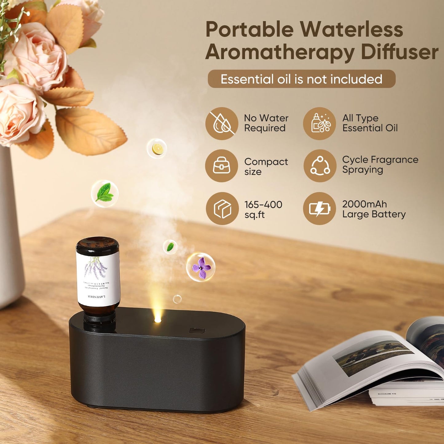 Waterless Diffuser for Essential Oils – 3 Mist Modes, 160 sq ft, Black