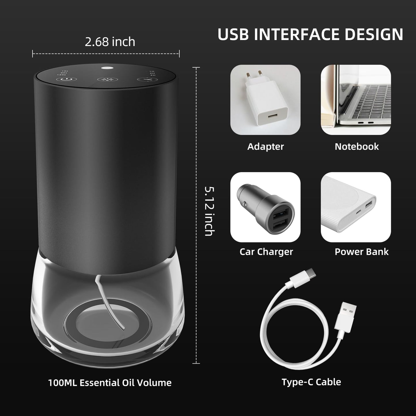Waterless 100ml Essential Oil Diffuser – Portable Battery Car Diffuser, 7 LED Colors, 3 Mist Levels