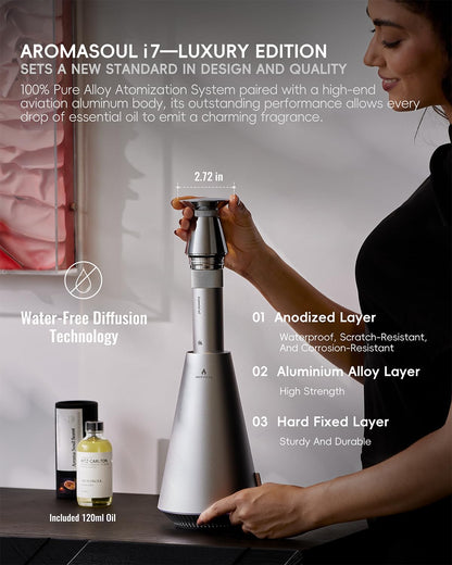 Waterless Scent Diffuser Starter Kit - 1500 Sq Ft Coverage, Alloy Atomization, Smart Rechargeable Diffuser, 120ml Oil, Silver