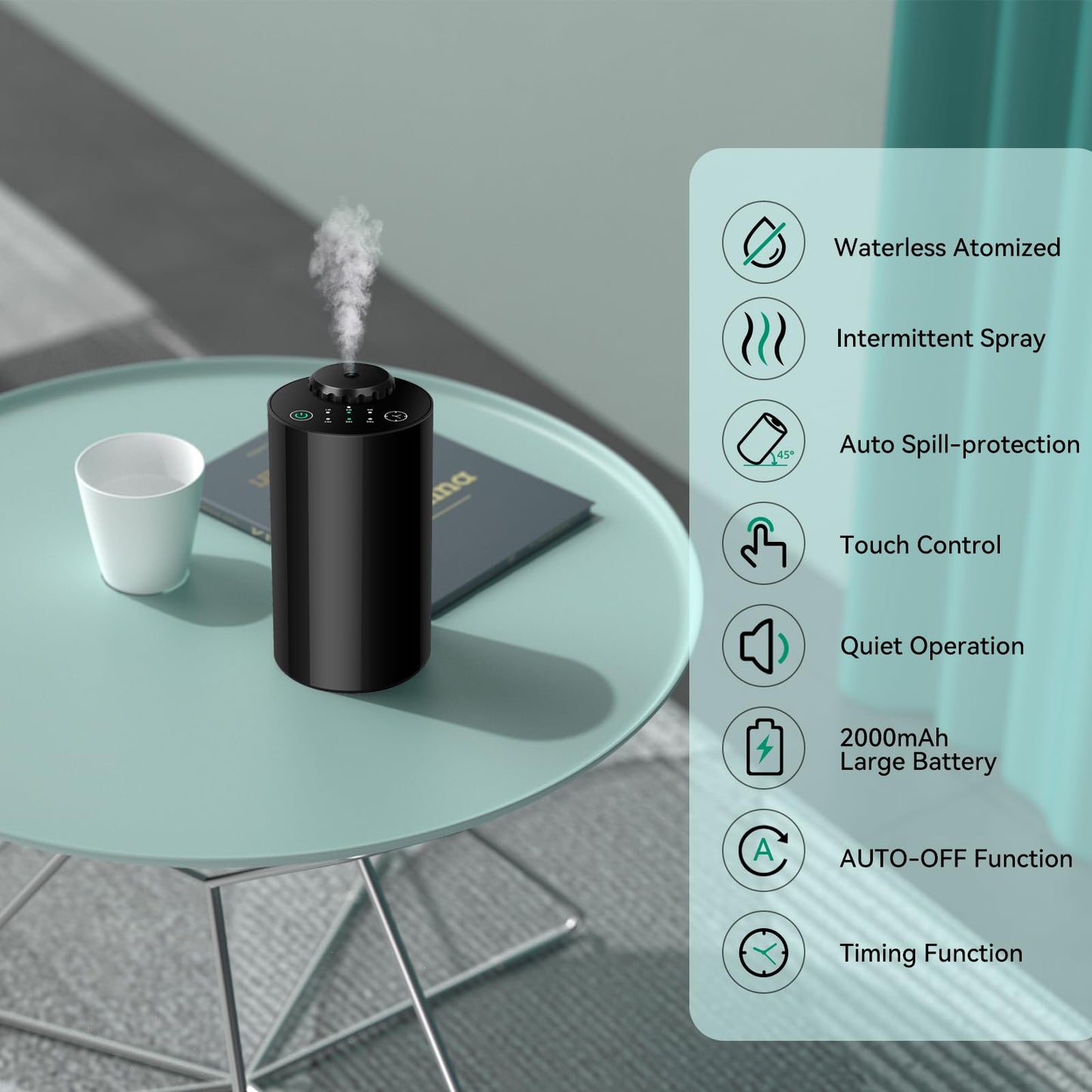 Waterless Essential Oil Diffuser – Battery-Operated, 4 Timers, 3 Mist Levels (Black)