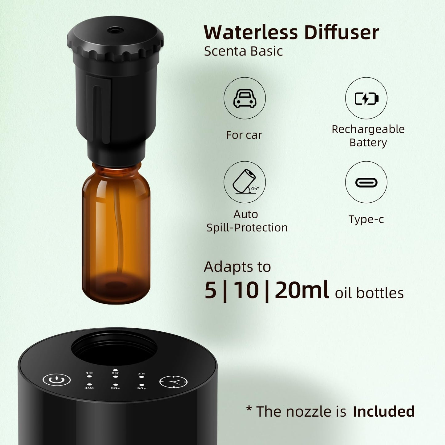 Waterless Essential Oil Diffuser – Battery-Operated, 4 Timers, 3 Mist Levels (Black)