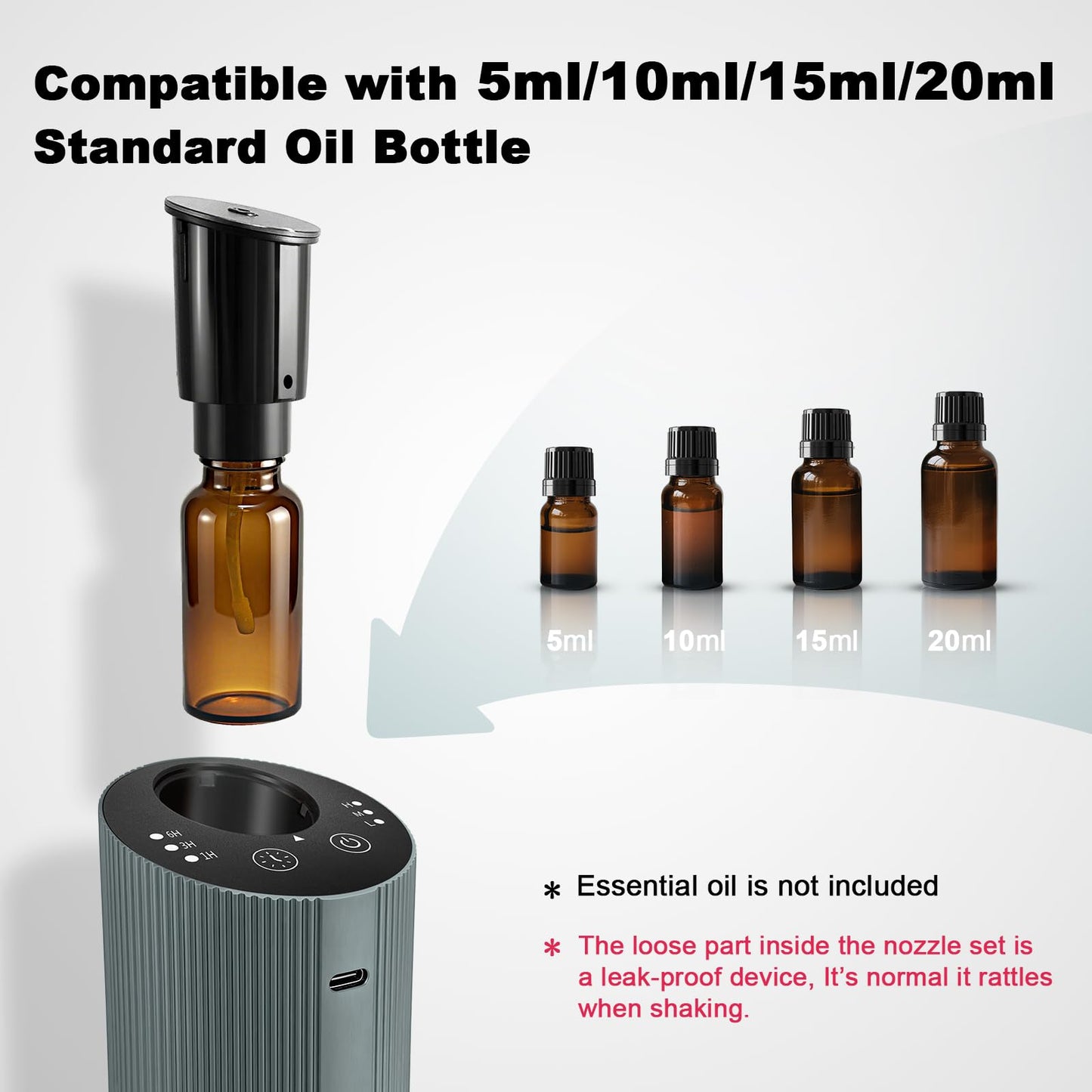 Waterless Essential Oil Diffuser – Portable Rechargeable Aroma Diffuser (4 Timers, 3 Mist Levels) Silver Grey