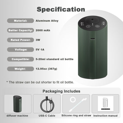 Waterless Essential Oil Diffuser with 4 Timer (1/3/6H & Off) & 3 Mist Levels | Rechargeable Portable Dark Green Aroma Diffuser
