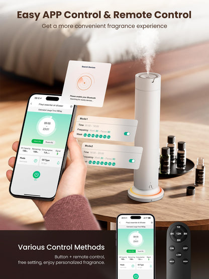 Waterless Scent Diffuser Kit – 5x20ml Essential Oils, App & Remote, Quiet Operation, Pet & Kid Friendly, Up to 1500 Sq Ft, White