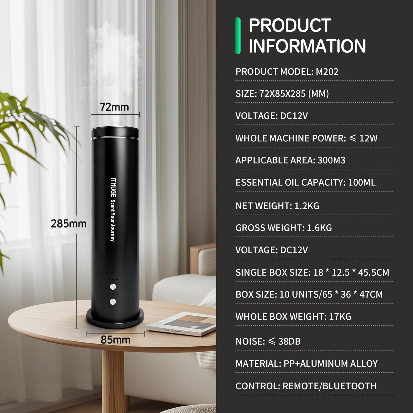 Waterless Essential Oil Diffuser for Large Room – 1200 Sq Ft Coverage, Bluetooth App & Remote, 100ml Bottle, Quiet Operation (M202S)