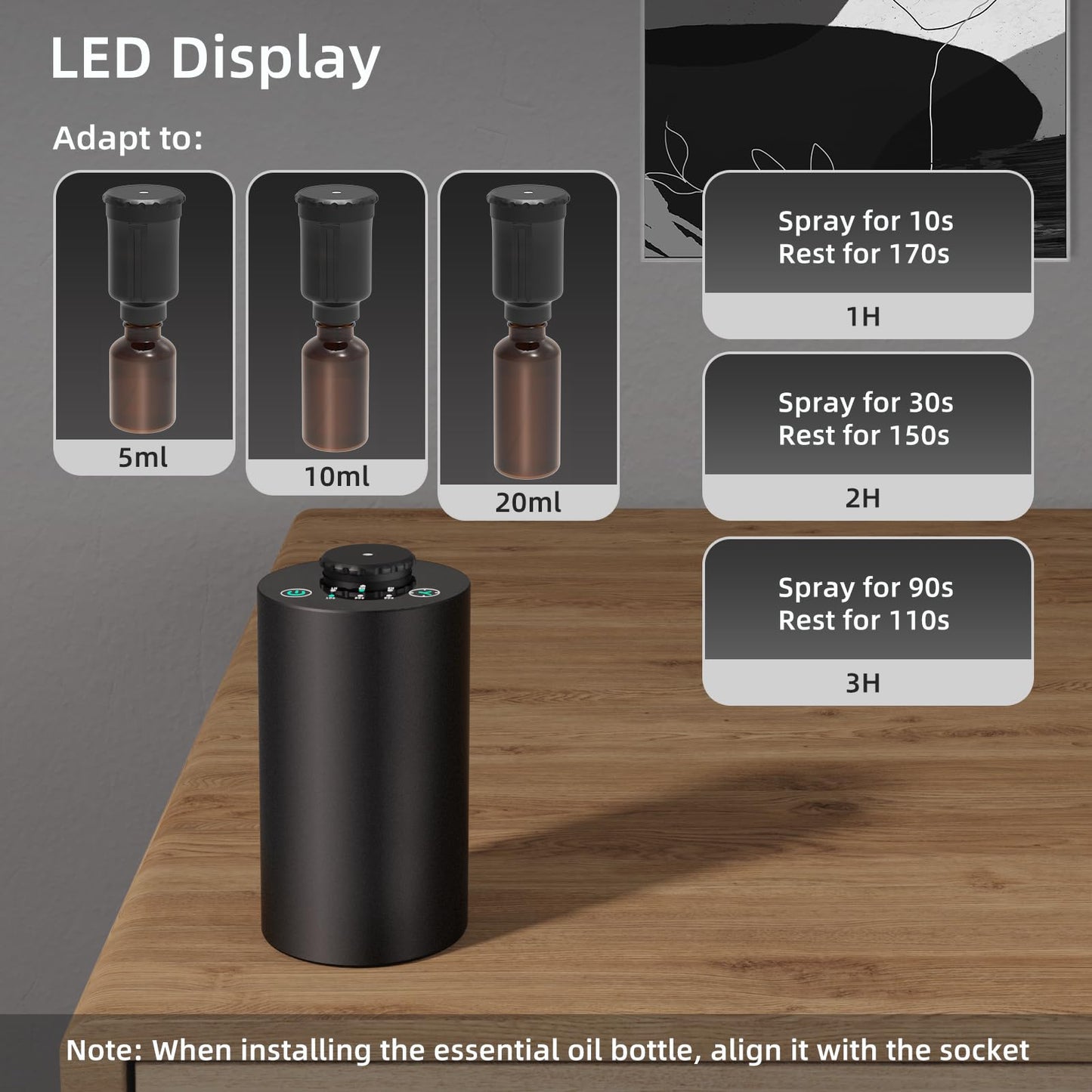 Waterless Essential Oil Diffuser – Battery-Operated Car Diffuser with Timing & 3 Mist Levels (Black Aluminum Alloy)