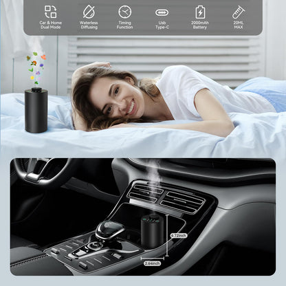 Waterless Essential Oil Diffuser – Battery-Operated Car Diffuser with Timing & 3 Mist Levels (Black Aluminum Alloy)