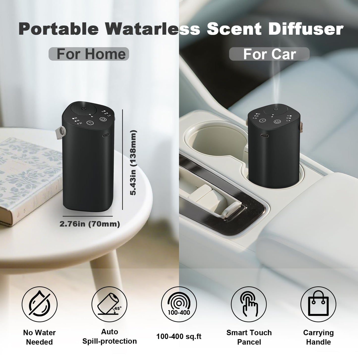 Waterless Essential Oil Diffuser with Handle – Portable Cordless Aroma Diffuser for Car, Home, Office, Bathroom | Black