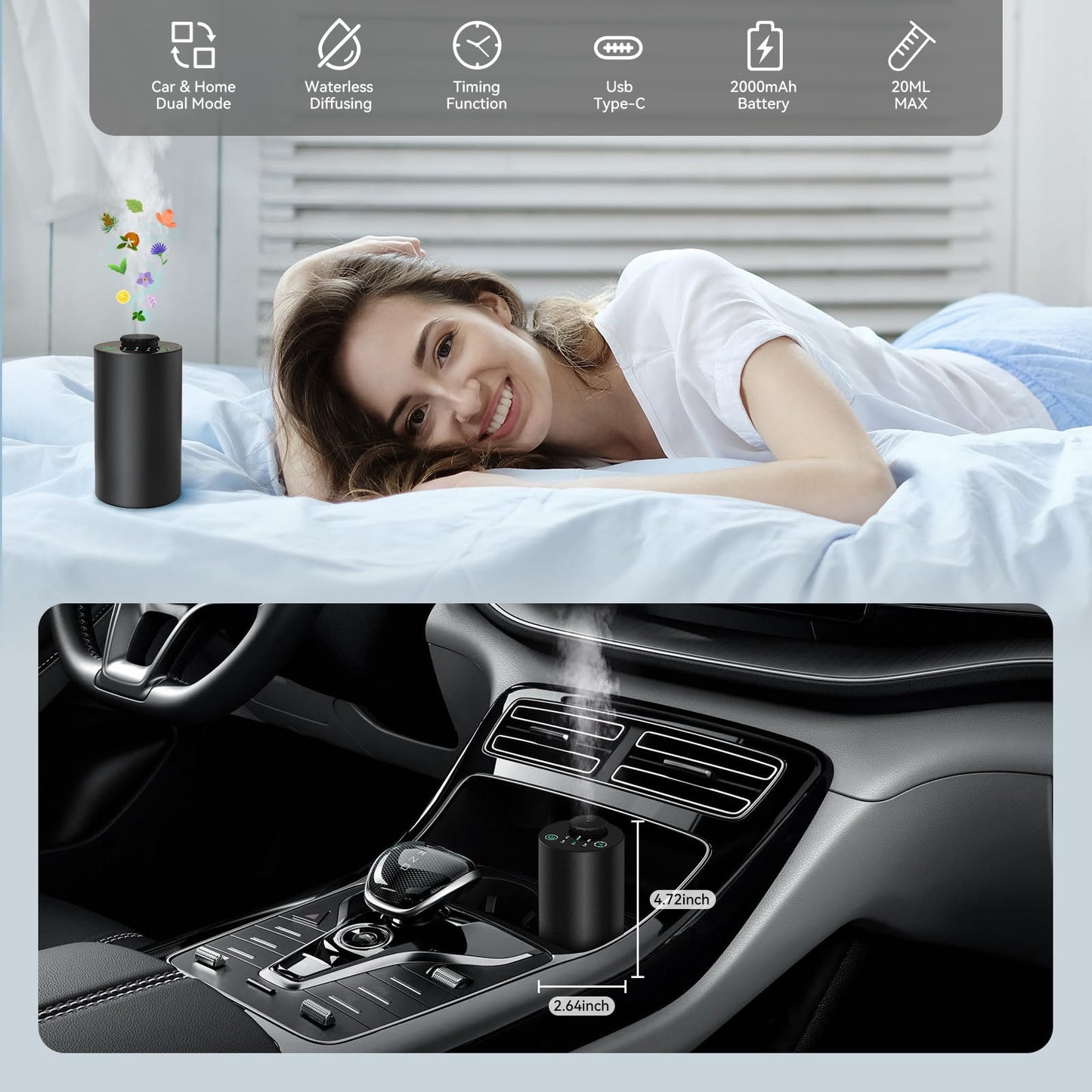 Waterless Battery-Powered Essential Oil Diffuser for Car – 3 Mist Levels, USB-C, Black Aluminum Alloy