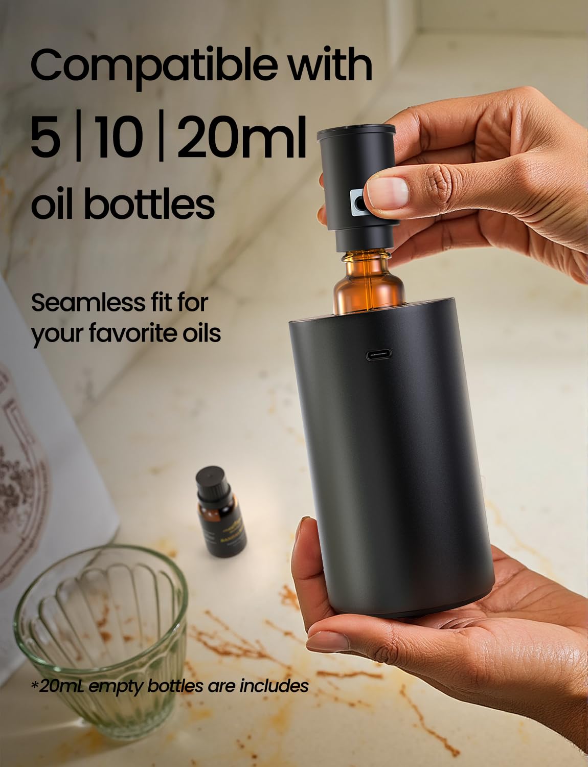 Waterless Essential Oil Diffuser - Rechargeable, 3 Mist Levels, Portable (Black Metal)