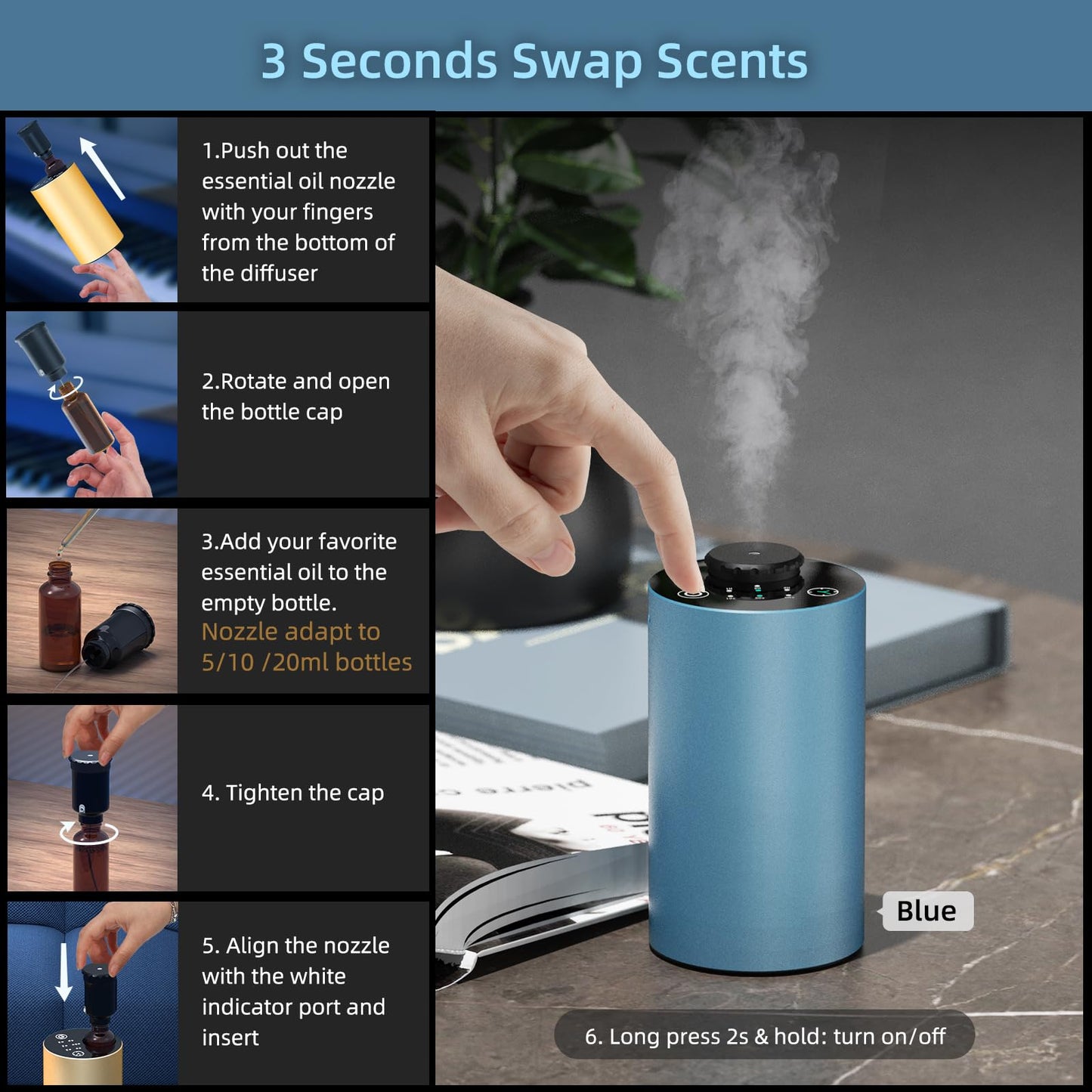 Waterless Essential Oil Diffuser – Portable Nano Mist for Home, Car & Office | 3 Timers, 3 Mist Levels