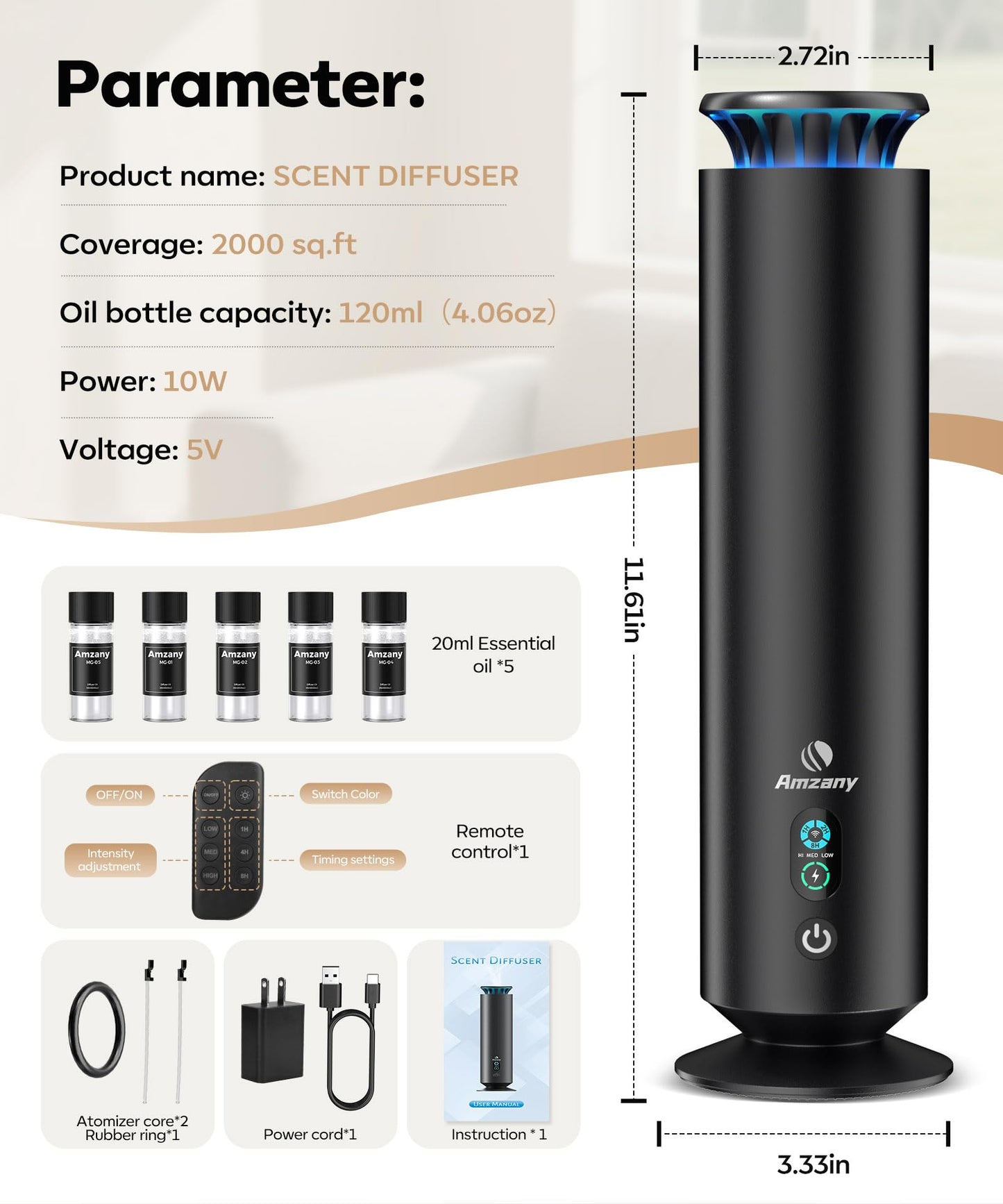 Waterless Scent Diffuser Kit – 7 Light Modes, Remote, 2000 sq ft Coverage | Aromatherapy Diffuser