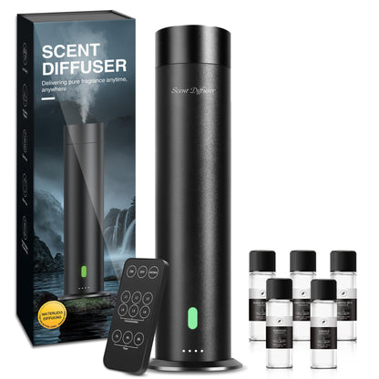 Waterless Scent Diffuser Starter Kit – 1000 Sq Ft Coverage, Black, 11.3 in, Remote, Includes 5 Oils