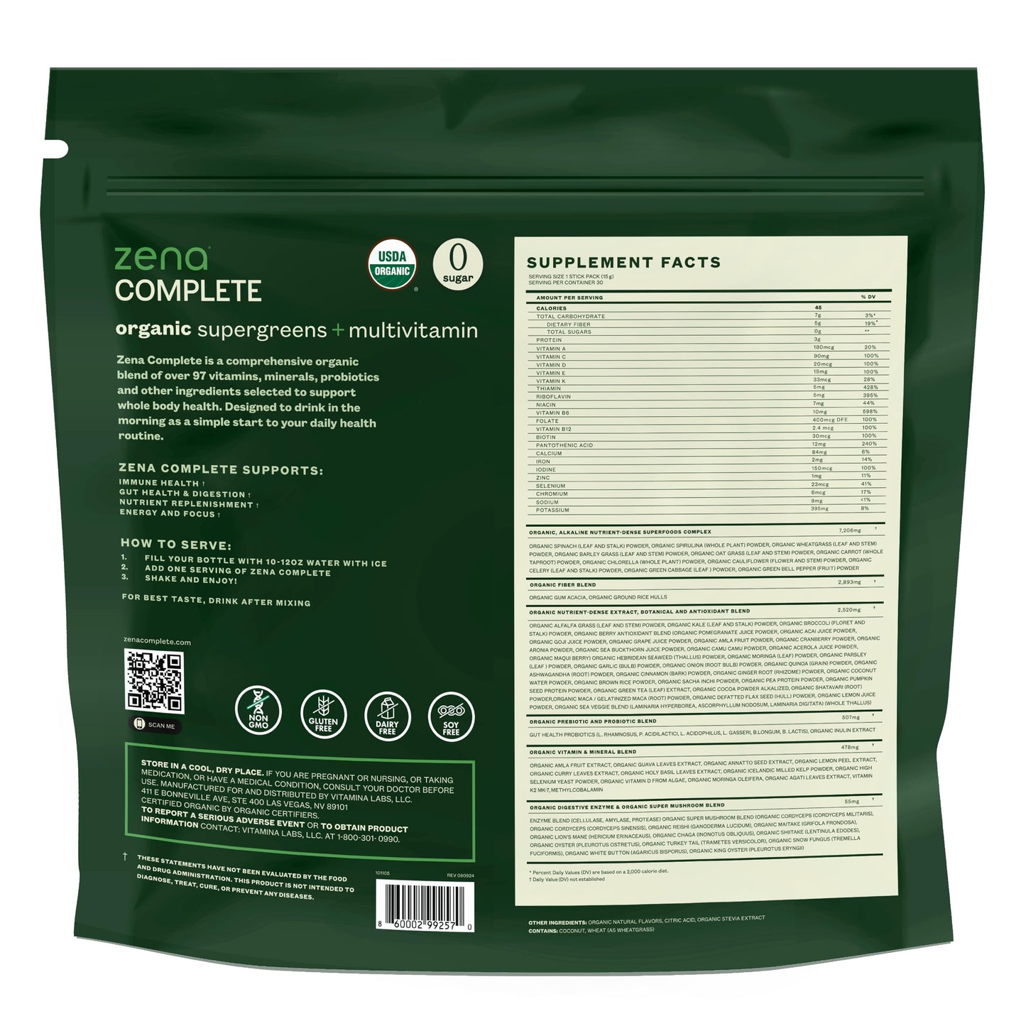Zena Nutrition Complete Organic Super Greens Powder & Multivitamin – Watermelon Citrus, 30 Packets